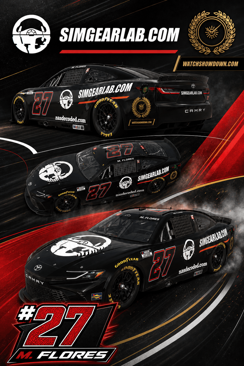 M. Flores Racing No. 27 Toyota featuring SimGearLab and Watch Showdown branding